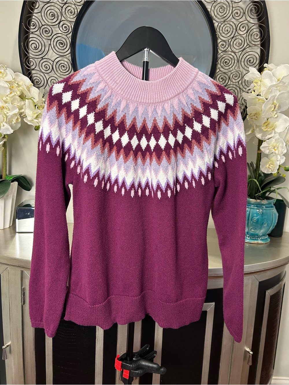 Talbots Fair Isle Crew Sweater in Plum and Dusty Pink